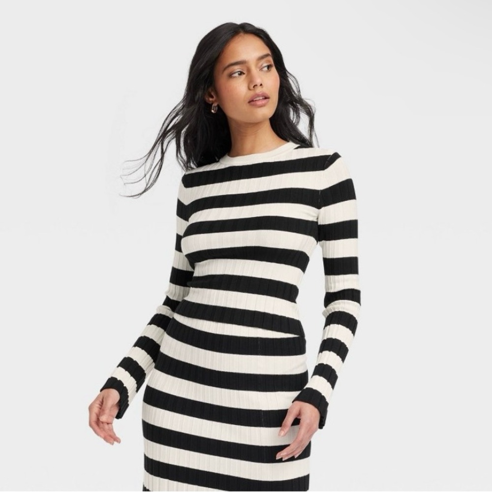 Women's Crewneck Pullover Sweater - A New Day™ Cream/Black Striped L